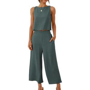 imageANRABESS Womens Summer 2 Piece Outfits Sleeveless Crop Top Capri Wide Leg Pants Jumpsuit Linen Lounge Beach Travel SetsDark Gray
