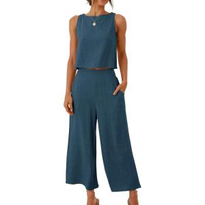 imageANRABESS Womens Summer 2 Piece Outfits Sleeveless Crop Top Capri Wide Leg Pants Jumpsuit Linen Lounge Beach Travel SetsDeep Blue