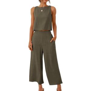 imageANRABESS Womens Summer 2 Piece Outfits Sleeveless Crop Top Capri Wide Leg Pants Jumpsuit Linen Lounge Beach Travel SetsGrey Green