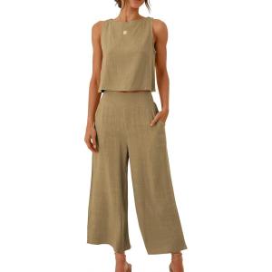 imageANRABESS Womens Summer 2 Piece Outfits Sleeveless Crop Top Capri Wide Leg Pants Jumpsuit Linen Lounge Beach Travel SetsKhaki