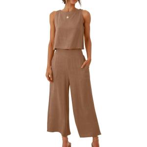 imageANRABESS Womens Summer 2 Piece Outfits Sleeveless Crop Top Capri Wide Leg Pants Jumpsuit Linen Lounge Beach Travel SetsLight Brown