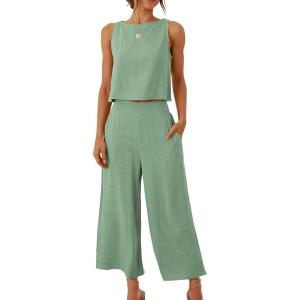 imageANRABESS Womens Summer 2 Piece Outfits Sleeveless Crop Top Capri Wide Leg Pants Jumpsuit Linen Lounge Beach Travel SetsLight Green