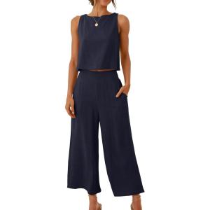 imageANRABESS Womens Summer 2 Piece Outfits Sleeveless Crop Top Capri Wide Leg Pants Jumpsuit Linen Lounge Beach Travel SetsNavy Blue