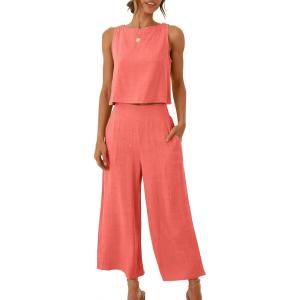 imageANRABESS Womens Summer 2 Piece Outfits Sleeveless Crop Top Capri Wide Leg Pants Jumpsuit Linen Lounge Beach Travel SetsPeach
