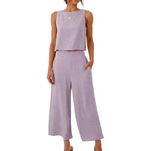 imageANRABESS Womens Summer 2 Piece Outfits Sleeveless Crop Top Capri Wide Leg Pants Jumpsuit Linen Lounge Beach Travel SetsPurple