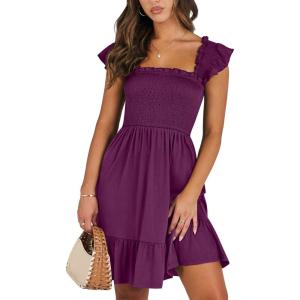 imageANRABESS Womens Summer Casual Sleeveless Square Neck Dress 2025 Smocked Ruffle Backless Boho Beach Cute Teen Short SundressPurple Red