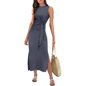 imageANRABESS Womens Summer Casual Sleeveless T Shirt Midi Dress Slim Fit Tie Waist Split Tank Long Dresses 2025 Vacation SundressDeep Gray