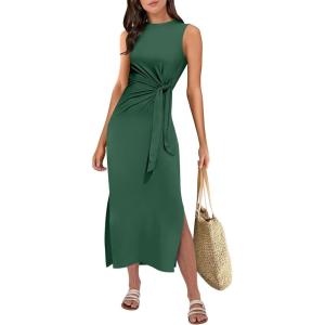 imageANRABESS Womens Summer Casual Sleeveless T Shirt Midi Dress Slim Fit Tie Waist Split Tank Long Dresses 2025 Vacation SundressDeep Green