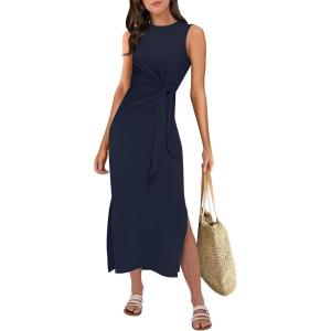 imageANRABESS Womens Summer Casual Sleeveless T Shirt Midi Dress Slim Fit Tie Waist Split Tank Long Dresses 2025 Vacation SundressNavy Blue