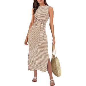 imageANRABESS Womens Summer Casual Sleeveless T Shirt Midi Dress Slim Fit Tie Waist Split Tank Long Dresses 2025 Vacation SundressStriped Brown