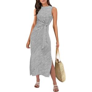imageANRABESS Womens Summer Casual Sleeveless T Shirt Midi Dress Slim Fit Tie Waist Split Tank Long Dresses 2025 Vacation SundressStriped Grey