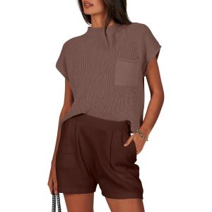 imageANRABESS Womens Two Piece Summer Outfits Knit Sweater Short Sets Pullover Tops ampamp Shorts Lounge Matching Clothes SetCoffee