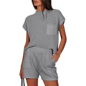 imageANRABESS Womens Two Piece Summer Outfits Knit Sweater Short Sets Pullover Tops ampamp Shorts Lounge Matching Clothes SetDark Grey