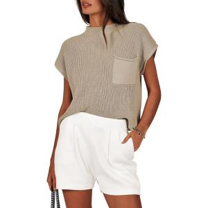 imageANRABESS Womens Two Piece Summer Outfits Knit Sweater Short Sets Pullover Tops ampamp Shorts Lounge Matching Clothes SetKhaki White