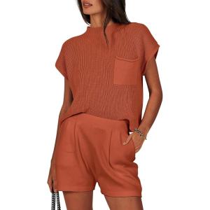 imageANRABESS Womens Two Piece Summer Outfits Knit Sweater Short Sets Pullover Tops ampamp Shorts Lounge Matching Clothes SetRust