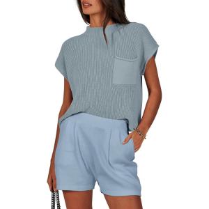 imageANRABESS Womens Two Piece Summer Outfits Knit Sweater Short Sets Pullover Tops ampamp Shorts Lounge Matching Clothes SetSky