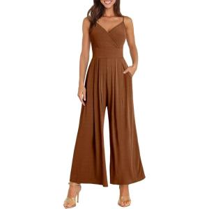 imageANRABESS Jumpsuits for Women 2025 Summer Dressy Spaghetti Strap Ribbed V Neck Wide Leg Overalls Flowy Romper Jumpers OutfitsCaramel