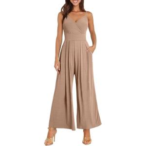imageANRABESS Jumpsuits for Women 2025 Summer Dressy Spaghetti Strap Ribbed V Neck Wide Leg Overalls Flowy Romper Jumpers OutfitsLight Brown