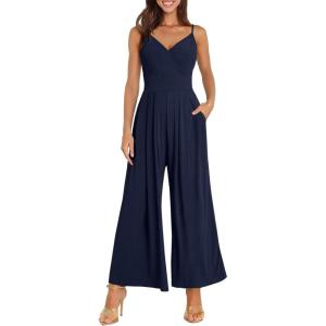 imageANRABESS Jumpsuits for Women 2025 Summer Dressy Spaghetti Strap Ribbed V Neck Wide Leg Overalls Flowy Romper Jumpers OutfitsNavy Blue