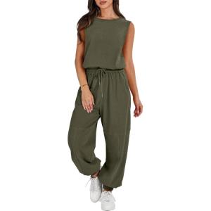 imageANRABESS Jumpsuits for Women Casual Summer Sleeveless 2025 Romper One Piece Outfit Active Workout Lounge Jumpsuits PocketsArmy Green