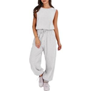 imageANRABESS Jumpsuits for Women Casual Summer Sleeveless 2025 Romper One Piece Outfit Active Workout Lounge Jumpsuits PocketsLight Gray