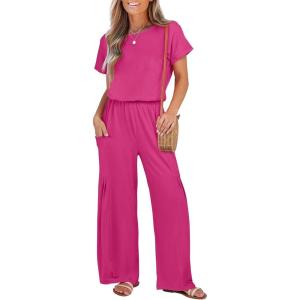 imageANRABESS Jumpsuits for Women Short Sleeve Wide Leg Casual Summer One Piece Jumper Rompers 2025 Beach Vacation Travel OutfitsHot Pink