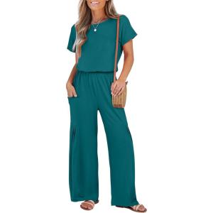imageANRABESS Jumpsuits for Women Short Sleeve Wide Leg Casual Summer One Piece Jumper Rompers 2025 Beach Vacation Travel OutfitsTeal