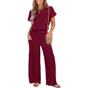 imageANRABESS Jumpsuits for Women Short Sleeve Wide Leg Casual Summer One Piece Jumper Rompers 2025 Beach Vacation Travel OutfitsWine Red