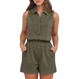 imageANRABESS Romper for Womens 2025 Summer Dressy Casual Sleeveless V Neck One Piece Short Jumpsuit Lounge Travel Outfits ClothesArmy Green