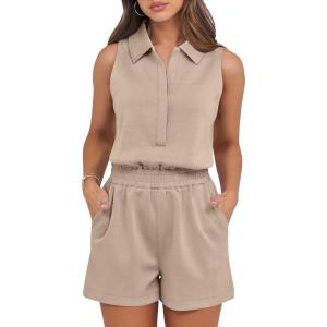 imageANRABESS Romper for Womens 2025 Summer Dressy Casual Sleeveless V Neck One Piece Short Jumpsuit Lounge Travel Outfits ClothesKhaki