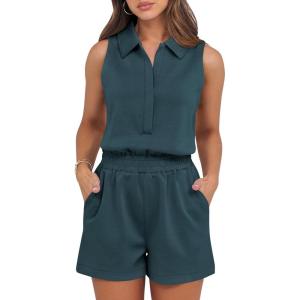 imageANRABESS Romper for Womens 2025 Summer Dressy Casual Sleeveless V Neck One Piece Short Jumpsuit Lounge Travel Outfits ClothesLake Green
