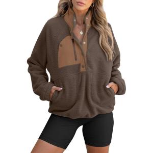 imageANRABESS Women Fuzzy Fleece Pullover Sherpa Sweatshirt Long Sleeve Button Down Warm Soft Color Block Jackets with PocketsBrown