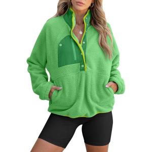 imageANRABESS Women Fuzzy Fleece Pullover Sherpa Sweatshirt Long Sleeve Button Down Warm Soft Color Block Jackets with PocketsGreen