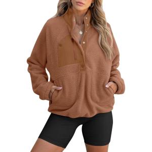 imageANRABESS Women Fuzzy Fleece Pullover Sherpa Sweatshirt Long Sleeve Button Down Warm Soft Color Block Jackets with PocketsLight Brown