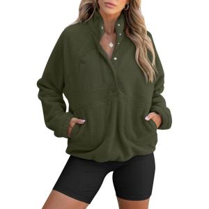 imageANRABESS Women Fuzzy Fleece Pullover Sherpa Sweatshirt Long Sleeve Button Down Warm Soft Color Block Jackets with PocketsOlive