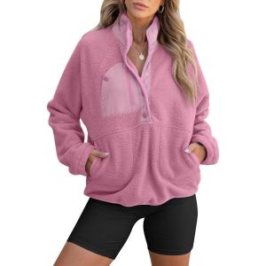imageANRABESS Women Fuzzy Fleece Pullover Sherpa Sweatshirt Long Sleeve Button Down Warm Soft Color Block Jackets with PocketsPink