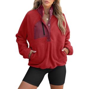imageANRABESS Women Fuzzy Fleece Pullover Sherpa Sweatshirt Long Sleeve Button Down Warm Soft Color Block Jackets with PocketsRed