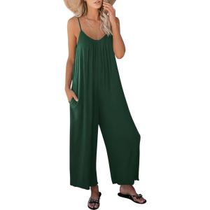imageANRABESS Women Jumpsuits 2025 Casual Sleeveless Spaghetti Strap Boho Wide Leg Rompers Dressy Summer Outfits Vacation ClothesDeep Green