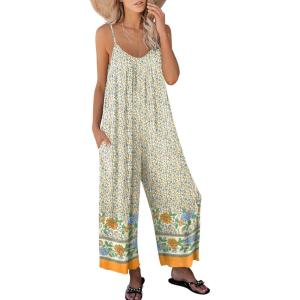 imageANRABESS Women Jumpsuits 2025 Casual Sleeveless Spaghetti Strap Boho Wide Leg Rompers Dressy Summer Outfits Vacation ClothesFloral Yellow