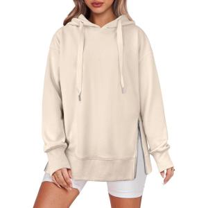 imageANRABESS Women Oversized Hoodies Side Zipper Fleece Long Sweatshirts Lightweight Tunic Pullover 2025 Fall Trendy ClothesApricot