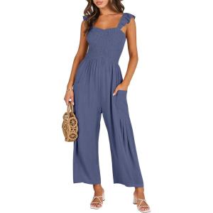 imageANRABESS Women Summer Casual Dressy Sleeveless Smocked Wide Leg Linen Jumpsuits Rompers 2025 Trendy Travel Outfit PocketDeep Blue
