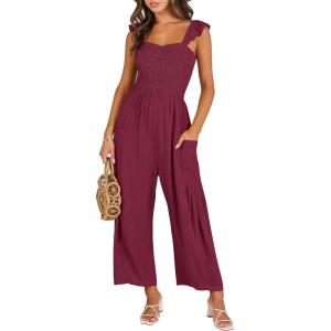 imageANRABESS Women Summer Casual Dressy Sleeveless Smocked Wide Leg Linen Jumpsuits Rompers 2025 Trendy Travel Outfit PocketDeep Red