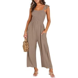 imageANRABESS Women Summer Casual Dressy Sleeveless Smocked Wide Leg Linen Jumpsuits Rompers 2025 Trendy Travel Outfit PocketLight Brown