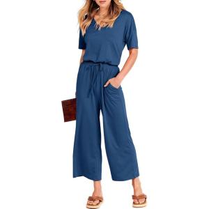 imageANRABESS Women Summer Casual Short Sleeve V Neck Elastic Waist Wide Leg Cropped Pants Jumpsuits Rompers with Pockets00blue