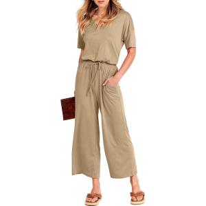 imageANRABESS Women Summer Casual Short Sleeve V Neck Elastic Waist Wide Leg Cropped Pants Jumpsuits Rompers with Pockets00khaki