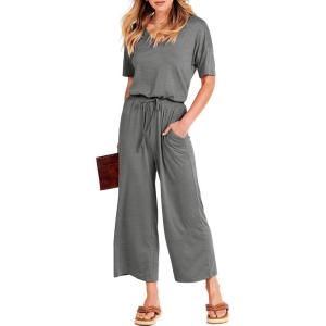 imageANRABESS Women Summer Casual Short Sleeve V Neck Elastic Waist Wide Leg Cropped Pants Jumpsuits Rompers with Pockets01dark Gray