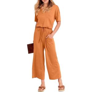imageANRABESS Women Summer Casual Short Sleeve V Neck Elastic Waist Wide Leg Cropped Pants Jumpsuits Rompers with Pockets02orange