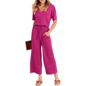 imageANRABESS Women Summer Casual Short Sleeve V Neck Elastic Waist Wide Leg Cropped Pants Jumpsuits Rompers with Pockets02rose