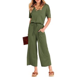 imageANRABESS Women Summer Casual Short Sleeve V Neck Elastic Waist Wide Leg Cropped Pants Jumpsuits Rompers with Pockets03green