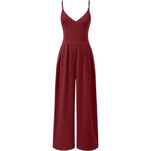 imageANRABESS Women V Neck Spaghetti Strap Wide Leg Dressy Jumpsuits 2025 Summer Casual One Piece Jumper Romper Outfits ampamp PocketsBurgundy